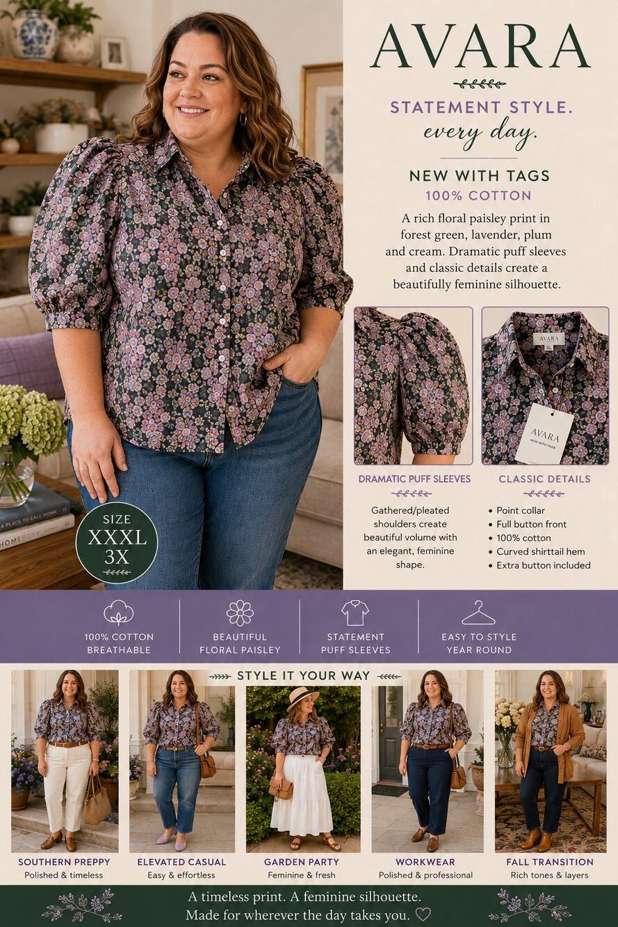 AVARA Top Sz XXXL NWT $68 Green Purple Floral Paisley Button Down Shirt Office